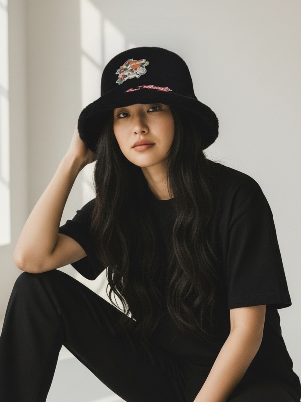 Ed Hardy  "Love Kills Slowly" Black Faux-Fur Bucket Hat